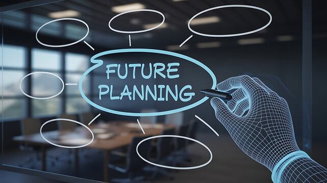 Future planning concept visualized with digital hand drawing mind map in modern office for business strategy and innovation