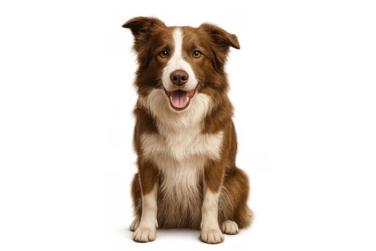 Happy brown border collie dog sitting, looking at camera with open mouth, smiling and panting, transparent background