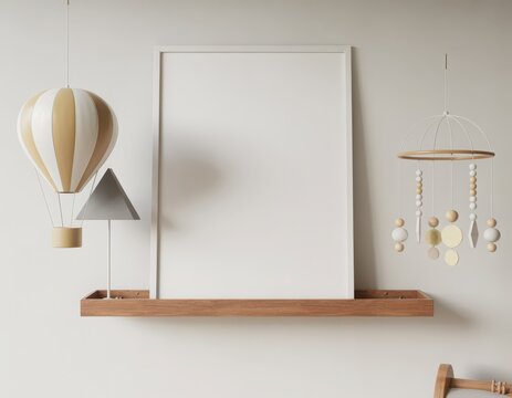 Blank picture frame mockup on wooden shelf with nursery decor - Powered by Adobe