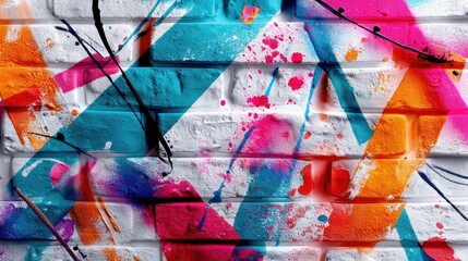 Naklejka premium A close-up view of a white brick wall covered in abstract graffiti art featuring bold diagonal lines and colorful paint splatters.