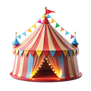 Circus Tent Miniature With Bright Flags: Vibrant miniature circus tent with colorful triangular flags and spotlight glow, ultra sharp PNG, whimsical vibe.
