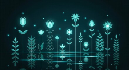 Stylized glowing flora grows upwards against a dark, reflective background surface
