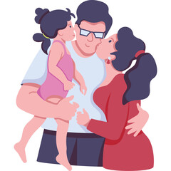 Loving family portrait featuring a father holding his daughter while mother kisses her daughter with a heartwarming embrace and a feeling of togetherness on a white background