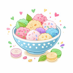 Colorful Dessert Bowl with Sweet Scoops and Festive Hearts Illustration