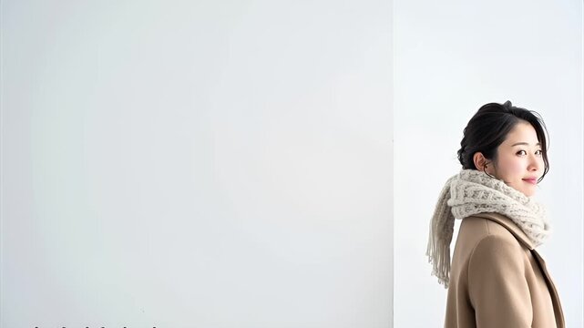 ハイキーな白背景の縁に、ウールコートとニットマフラーを身に着けた日本人女性が静かに立つフォトリアルな映像。
明るいクリーンな光が、軽やかでエアリーな冬の雰囲気を際立たせる。
白空間の反射が輪郭を自然に引き立て、透明感のある季節ムードを演出。