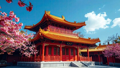 Naklejka premium A traditional red Chinese temple with intricate golden roofs is surrounded by blooming pink cherry blossom trees on a bright, sunny day.
