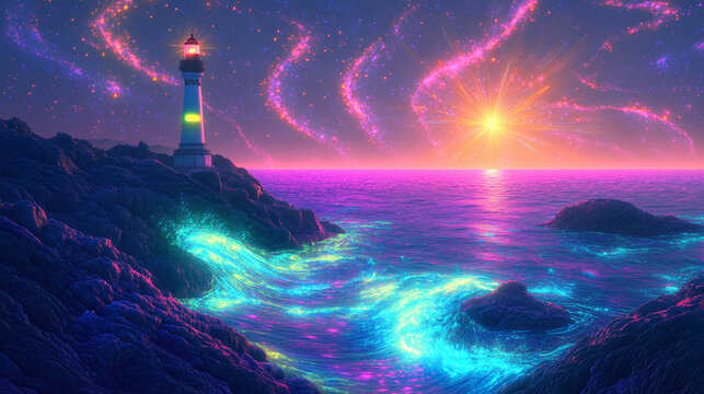 A glowing fluorescent ocean scene with a distant lighthouse casting beams of light across the water, which sparkles in neon colors, surrounded by swirling phosphorescent swells.
