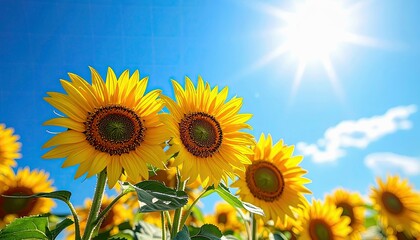 Obraz premium A field of bright yellow sunflowers stands tall against a clear blue sky, bathed in the warm glow of the sun.