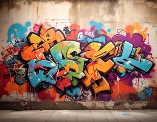 Naklejka premium Colorful abstract artwork painted on a rough, textured wall, showcasing vibrant colors and shapes