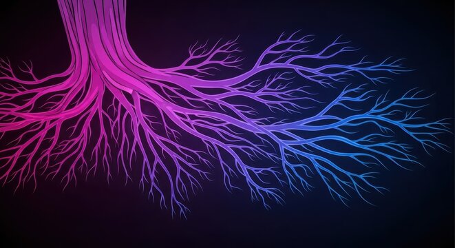Intricate network of illuminated, branching structures spreads across a dark background with a color gradient.
