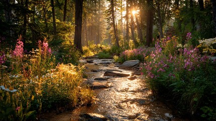 Flowing River Through Forest with Wildflowers and Sunlight Streaming Through Trees