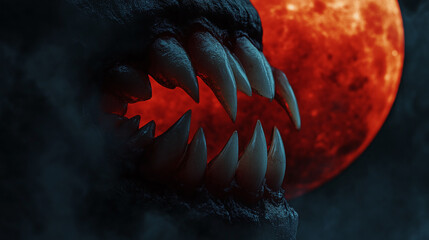 A haunting close-up of vampire teeth glowing faintly in the dark, with their sharp points highlighted by the eerie light of a blood-red moon, surrounded by mist and shadows.