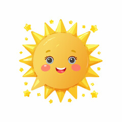 Cute Smiling Cartoon Sun with Sparkling Stars on White Background