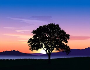 Silhouette of a lone tree at sunset with vibrant skies and distant hills