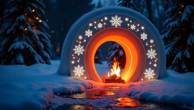 Cozy Winter Igloo with Glowing Fire and Snowflake Lights in Snowy Forest Setting - Powered by Adobe
