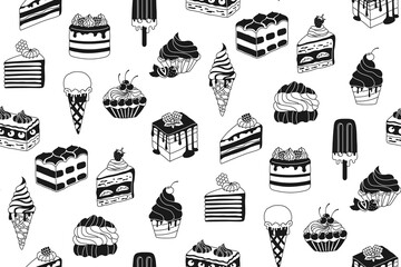 Cakes, pieces of cake, ice cream desserts vector black and white seamless pattern. Birthday various slices cakes texture boundless background. Sweet holiday bakery. Endless wrapper backdrop template