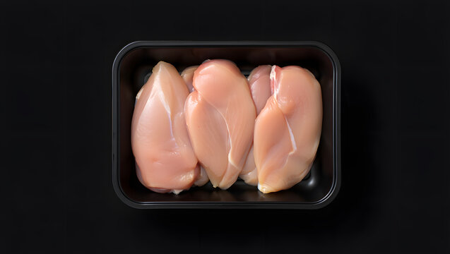 Raw chicken breast fillets in a black plastic tray on a dark background
