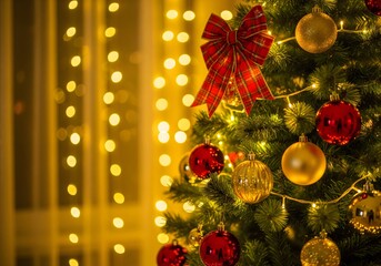 Beautiful Christmas Tree Decorated with Red and Gold Ornaments and Plaid Bow with Warm Holiday Lights