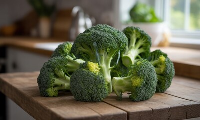 Fresh broccoli heads clustered on a wooden kitchen counter