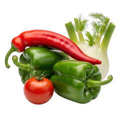 Fresh Vegetables Composition Assortment Green Pepper Red Chili Pepper Tomato Fennel Bulbs Vegan Raw Ingredient Culinary Food Isolated