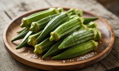 Fresh okra pods piled on a wooden plate, sprinkled with salt
