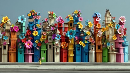 A miniature village composed of brightly colored, stacked wooden structures, decorated with an abundance of colorful flowers, under a clear sky.
