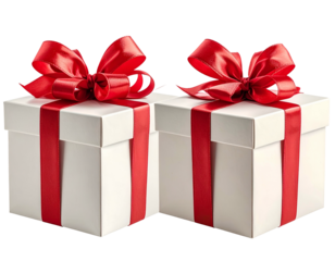 Two white boxes with red ribbons and bows