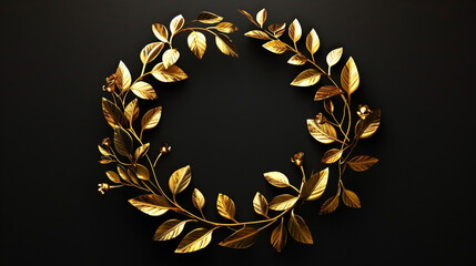 A luxurious golden laurel wreath symbolizing victory, achievement, and honor, set against a deep black background for dramatic contrast
