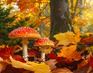 Vibrant autumnal scene featuring fly agaric mushrooms and colorful maple leaves