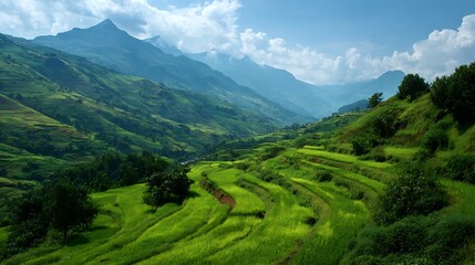 Fototapeta premium Exploring Rice Terraces in Lush Green Mountain Valley on Sunny Day