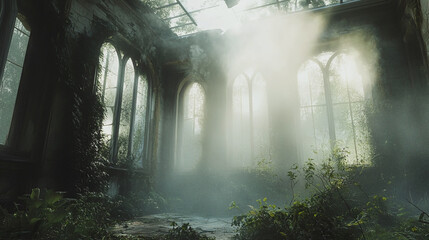 A mystical scene of an abandoned mansion, with a dense fog creeping through the broken windows and overgrown garden, giving it an eerie, haunted atmosphere.