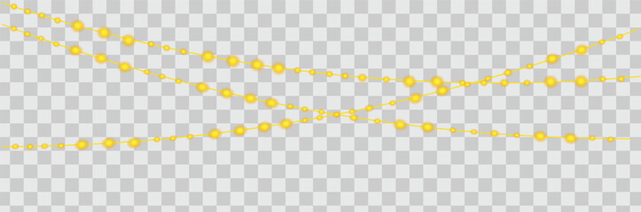 Bright yellow glowing string lights, festive illumination for celebrations, holidays, parties, and decorative events, creating a warm, inviting, and magical atmosphere, perfect for overlays and design