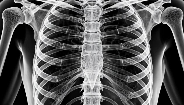 x ray style visual of human ribcage, detailed bone structure, clear anatomical representation of skeletal system, medical science and inner framework