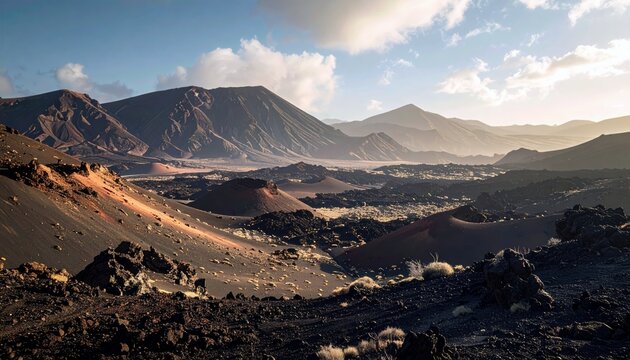 A vast volcanic landscape featuring rugged mountains, dark lava fields, and sparse vegetation under a dynamic sky with scattered clouds. - Powered by Adobe
