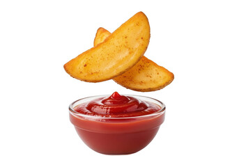 Fried Potato Wedges with Ketchup isolated on Transparent Background. Golden Crispy Seasoned Baked Wedges and Bowl of Red Tomato Sauce