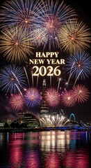 Fototapeta premium Spectacular fireworks illuminate the night sky above a vibrant cityscape, celebrating the arrival of the New Year with a dazzling display of color and light over a majestic urban waterfront
