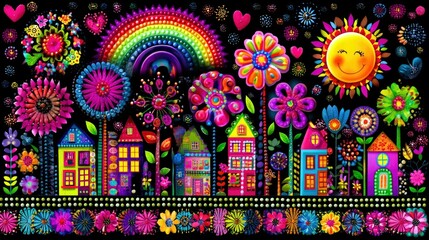 A colorful and cheerful village scene featuring houses, flowers, a rainbow, and a smiling sun against a black backdrop.