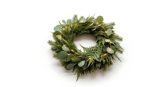 Lush green holiday wreath, artfully arranged with mixed evergreen foliage and glowing fairy lights, a natural centerpiece for festive home decor and seasonal celebrations