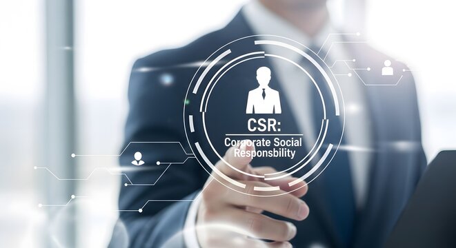 Corporate social responsibility concept businessman interacting with a digital csr interface