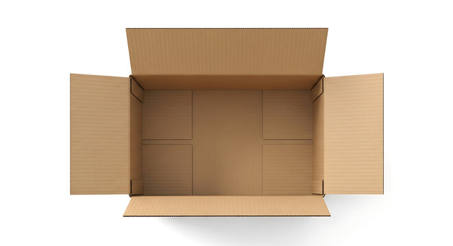 Overhead view of a pristine, empty, and open cardboard box with extended flaps, isolated on a clean white background, representing readiness for packaging, shipping, or storage
