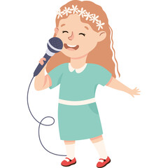 Joyful Young Girl Singing Song into Microphone Wearing Flower Crown and Teal Dress with White Collar and Red Shoes on Transparent Background