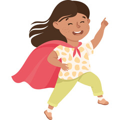 Joyful young girl wearing a superhero cape and patterned shirt in a dynamic pose with one arm raised pointing upwards a symbol of confidence and success