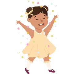Joyful young girl with arms raised celebrates amidst falling confetti and pastel yellow dress