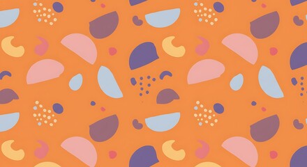 Colorful, abstract geometric shapes in a repeating pattern on an orange background