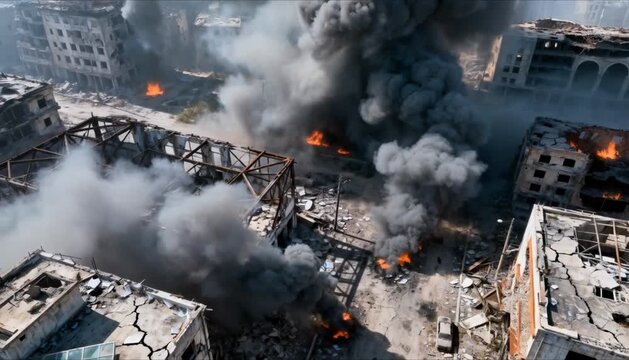 footage reveals a war torn cityscape, with collapsed buildings and rising smoke, devastated urban zone, conflict destruction and news crisis visual