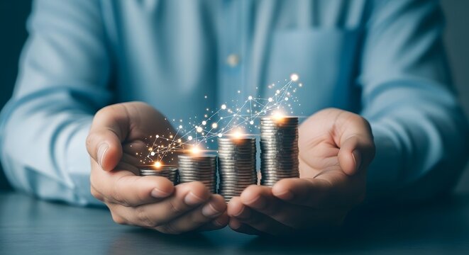 Hands holding stacks of coins with sparkles representing financial growth and investment