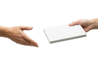Giving or Receiving a White Book Between Two Hands Isolated on Transparent Background