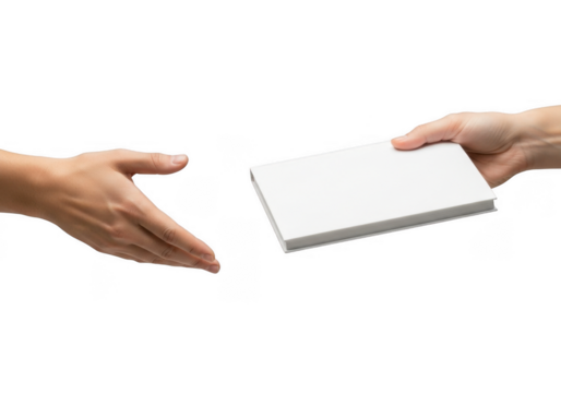 Giving or Receiving a White Book Between Two Hands Isolated on Transparent Background