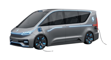 Futuristic Gray Electric Passenger Van Concept Charging isolated PNG with Transparent Background