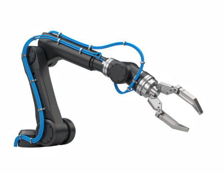 Industrial Robotic Arm with Gripper and Blue Cables